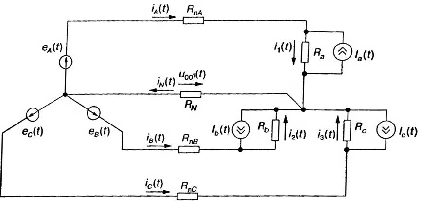 Трехфазная схема замещения сети НН с источниками токов нелинейных нагрузок