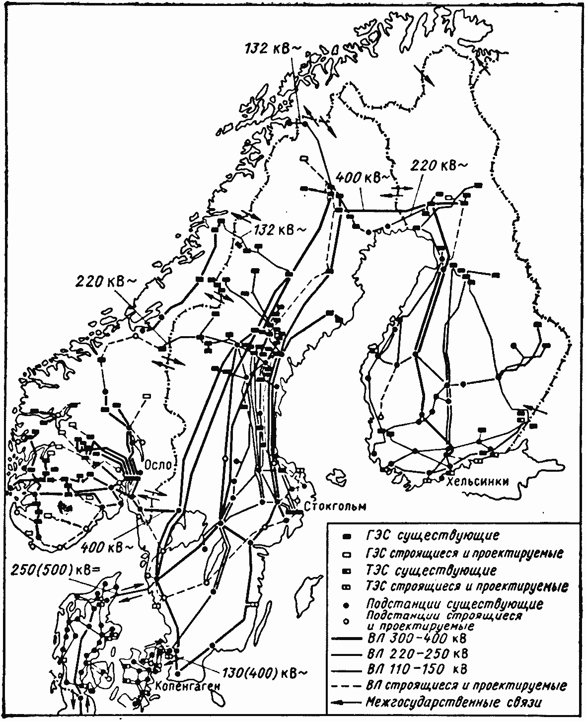Карта-схема основных электрических сетей скандинавских стран