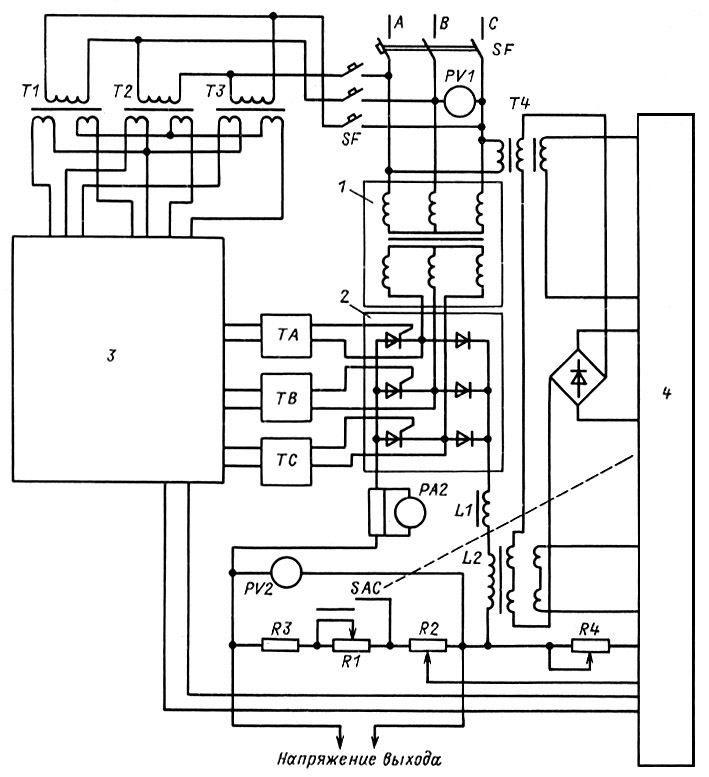схема выпрямительного зарядно-подзарядного агрегата ВАЗП-380/220-40/80