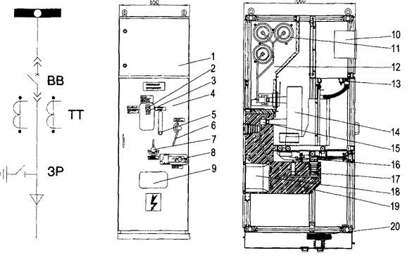 Однолинейная схема, габариты и размещение оборудования в ячейке RS-12m